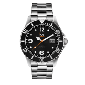 Silberfarbene Herrenarmbanduhr von ICE Watch mit Edelstahlarmband, schwarzem Zifferblatt, schwarzer drehbarer Lünette mit weißen Markierungen, Datumsanzeige bei 3 Uhr, Leuchtzeigern und -markierungen sowie orangefarbenen Akzenten.