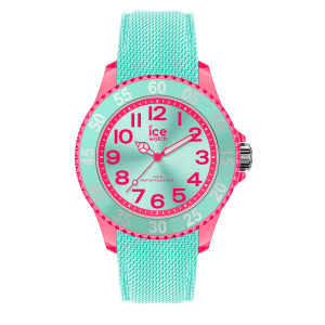Kinderarmbanduhr von Ice-Watch mit mintgrünem Zifferblatt, pinkfarbenen Akzenten, großen arabischen Ziffern und mintgrünem Textilarmband auf schwarzem Hintergrund
