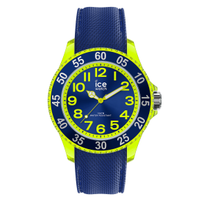 Kinderarmbanduhr von Ice-Watch mit blauem Zifferblatt, neongelbem Gehäuse, großen arabischen Ziffern und blauem Textilarmband auf schwarzem Hintergrund