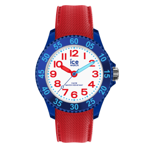 Kinderarmbanduhr von Ice-Watch mit weißem Zifferblatt, roten Ziffern, hellblauen Akzenten, dunkelblauem Gehäuse und rotem Textilarmband auf schwarzem Hintergrund