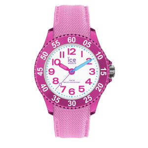 Kinderarmbanduhr von Ice-Watch mit weißem Zifferblatt, pinkfarbenen Ziffern, hellblauen Akzenten und pinkem Textilarmband auf schwarzem Hintergrund