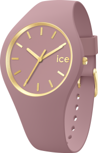 Roséfarbene Armbanduhr mit Silikonarmband, monochromem Zifferblatt und goldfarbenen Zeigern sowie Stundenmarkierungen in schräger Produktansicht.