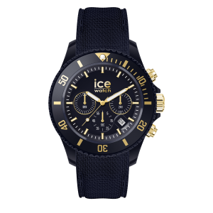 Blaue ICE Watch Chronographen-Armbanduhr mit strukturiertem blauem Textilarmband, blauem Zifferblatt mit drei Hilfszifferblättern, goldfarbenen Zeigern und Indizes, Datumsanzeige und einer blauen Lünette im Taucheruhrenstil.