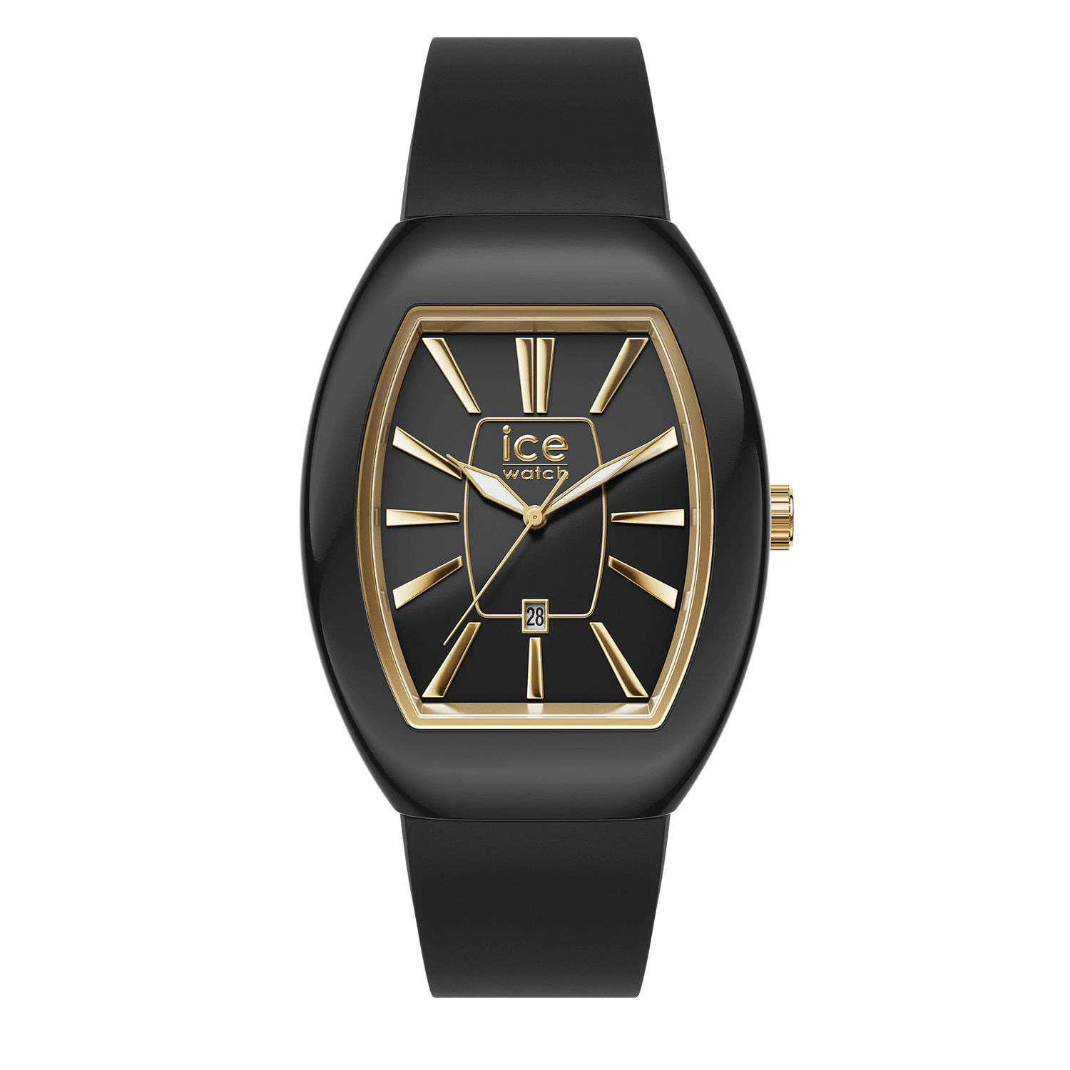 Elegante ICE Watch mit schwarzem Silikonarmband, schwarzem Zifferblatt, goldfarbenen Indizes und rechteckigem Tonneau-Gehäuse inklusive Datumsanzeige bei 6 Uhr.