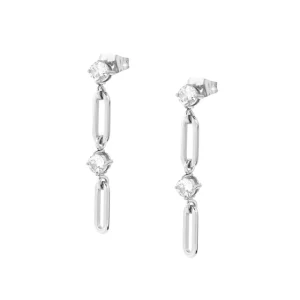 Moderne silberfarbene Ohrstecker mit funkelnden Zirkonia-Steinen und länglichen Gliederelementen als beweglicher Anhänger für einen eleganten, minimalistischen Stil