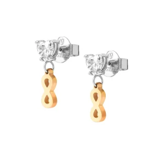 Elegante Ohrstecker mit funkelndem Zirkonia-Stein und goldfarbenem Unendlichkeits-Symbol als Anhänger. Die zweifarbige Kombination verleiht dem Schmuckstück eine moderne und zeitlose Ausstrahlung.