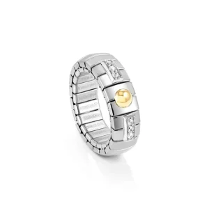 Moderner silberfarbener Stretch-Ring mit zentralem goldfarbenem Kugel-Element und funkelnden klaren Schmucksteinen als elegante Akzente auf hellem Hintergrund