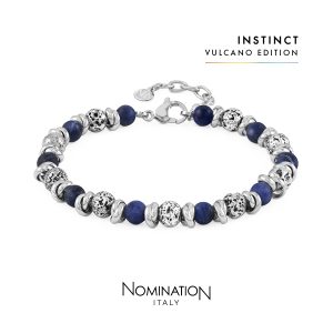 Nomination Instinct Volcano Edition Armband mit blauen Natursteinperlen, silberfarbenen Edelstahlelementen und strukturierten Vulkanstein-Perlen