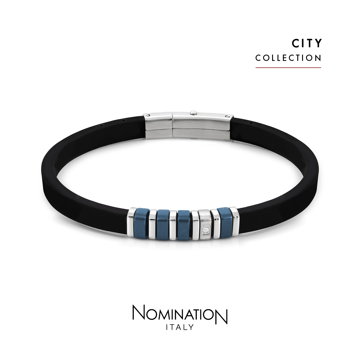 Nomination City Collection Armband aus schwarzem Silikon mit Edelstahlverschluss und dekorativen Elementen in Blau und Silber