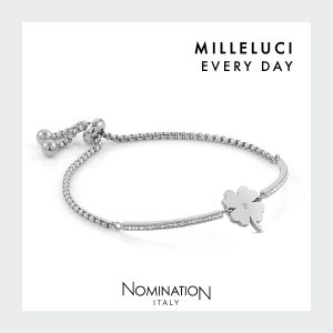 Nomination Milleluci Every Day Armband aus silberfarbenem Edelstahl mit verstellbarem Schiebeverschluss, funkelnden Zirkonia-Elementen und Kleeblatt-Motiv