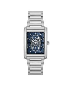Silberfarbene BOSS Herren-Armbanduhr mit Edelstahlarmband, rechteckigem Gehäuse, blauem Multifunktionszifferblatt mit Hilfszifferblättern, silberfarbenen Zeigern und Indizes sowie einem modernen, industriell inspirierten Design.