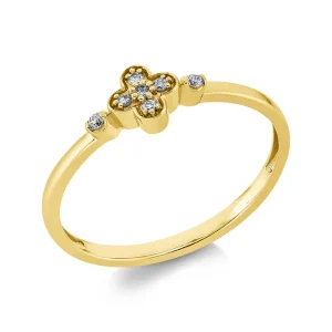 Feiner goldfarbener Ring mit kleinem Blumenmotiv aus funkelnden klaren Schmucksteinen, ergänzt durch seitliche Akzentsteine auf hellem Hintergrund