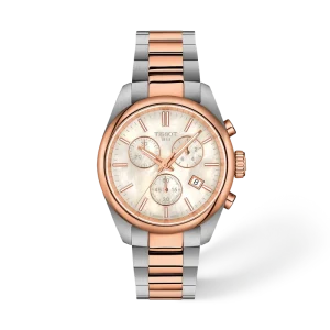 Tissot Chronograph mit Perlmuttzifferblatt, Datumsanzeige und bicolor Edelstahlarmband in Silber und Roségold