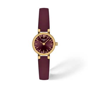 Tissot Damenuhr mit bordeauxfarbenem Zifferblatt, goldfarbenem Gehäuse und passendem bordeauxfarbenem Lederarmband