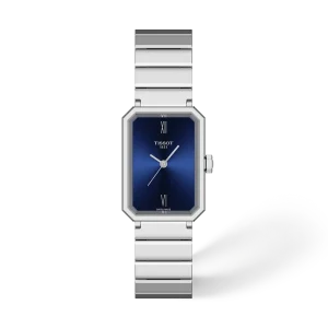 Tissot Damenuhr mit rechteckigem blauem Zifferblatt, silberfarbenem Gehäuse und Edelstahlarmband