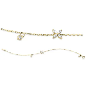 Feines goldfarbenes Armband mit funkelndem Blütenanhänger aus weißen Zirkonia-Steinen sowie kleinem Zirkonia-Charm an der Kette