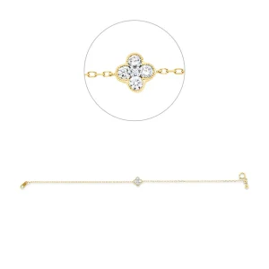 Feines goldfarbenes Armband mit zentralem Kleeblatt-Anhänger aus vier funkelnden weißen Zirkonia-Steinen sowie Detailansicht des Schmuckelements