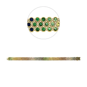 Mehrreihiges goldfarbenes Armband mit funkelnden Kristallen in Blau-, Grün-, Gelb-, Rosa- und Lilatönen sowie Detailansicht der facettierten Steine