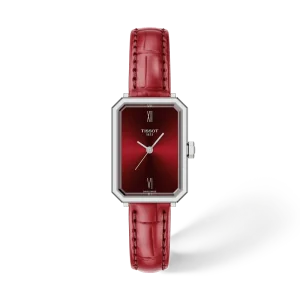 Tissot Damenuhr mit rechteckigem rotem Zifferblatt, silberfarbenem Gehäuse und rotem Lederarmband