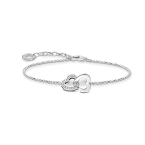 Feines Silberarmband mit zwei ineinander verschlungenen Herzmotiven, eines mit funkelnden Zirkonia-Steinen besetzt
