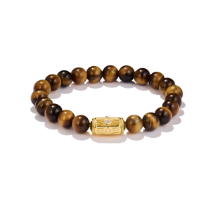 Elastisches Armband aus braunen Tigerauge-Natursteinperlen mit dekorativem goldfarbenem Zwischenelement und funkelndem Zirkonia-Akzent