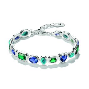 Elegantes Armband in Silberoptik mit facettierten Schmucksteinen in Blau, Grün und Türkis in verschiedenen Schliffformen sowie Karabinerverschluss