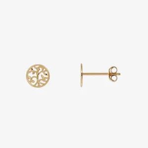 Filigrane Ohrstecker in Goldoptik mit rundem Lebensbaum-Design. Das fein gearbeitete, durchbrochene Motiv symbolisiert Wachstum, Stärke und Verbundenheit und verleiht den Schmuckstücken eine zeitlose, bedeutungsvolle Ausstrahlung. Ideal als stilvolles Alltagsaccessoire oder persönliches Geschenk.