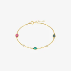 Feines goldfarbenes Armband mit ovalen Schmucksteinen in Pink, Türkis und Dunkelblau sowie kleinen weißen Zirkonia-Akzenten und verstellbarem Verschluss