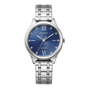 Citizen Eco-Drive Damenuhr mit blauem Zifferblatt, silberfarbenem Edelstahlgehäuse und passendem Edelstahlarmband