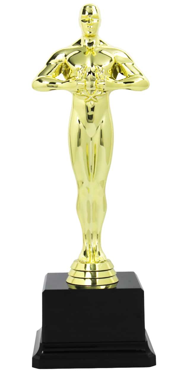 Goldfarbene Trophäe in Form einer stilisierten Person mit Sternmotiv in den Händen auf einem schwarzen Sockel, geeignet für Ehrungen und Auszeichnungen.
