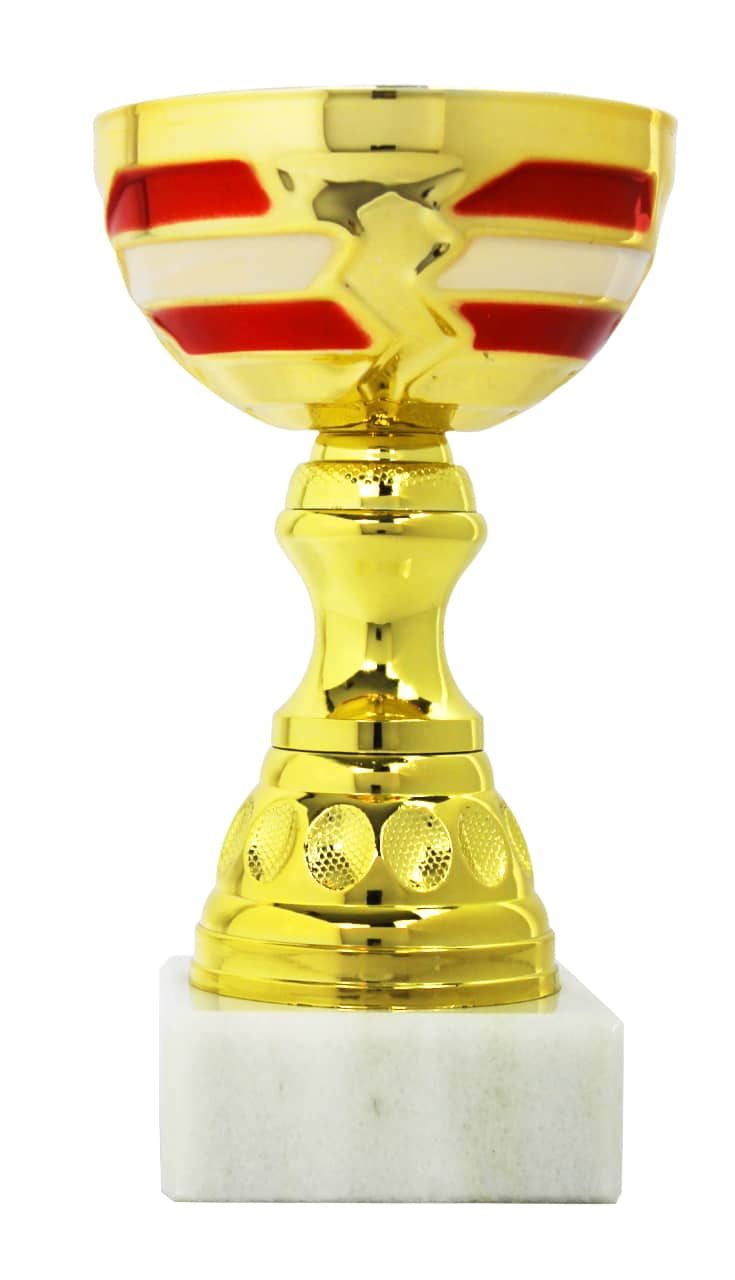 Klassischer goldfarbener Pokal mit rot-weißen Zierstreifen am Kelch, dekorativem Fuß und weißem Marmorsockel für Sport- und Wettbewerbsauszeichnungen.