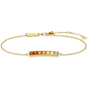 Filigranes goldfarbenes Armband mit rechteckigem Element und Zirkonia-Steinen im Farbverlauf von Rot über Orange bis Weiß.