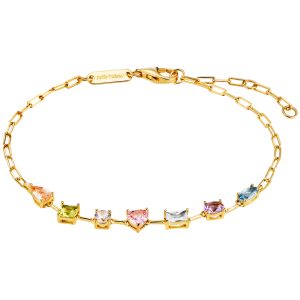 Filigranes goldfarbenes Armband mit verschiedenfarbigen Zirkonia-Steinen in unterschiedlichen Schliffen und Karabinerverschluss.