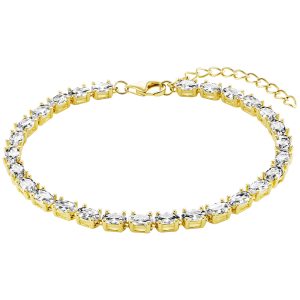 Elegantes goldfarbenes Tennisarmband mit funkelnden ovalen weißen Zirkonia-Steinen und Karabinerverschluss.