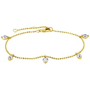 Filigranes goldfarbenes Kugelketten-Armband mit fünf funkelnden weißen Zirkonia-Anhängern in runder und tropfenförmiger Fassung sowie Karabinerverschluss.