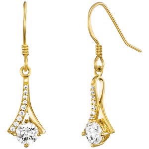 Goldene Ohrhänger mit elegant geschwungener Form, funkelnden Zirkonia-Steinen und großem rundem Zirkonia-Anhänger an feinem Ohrhaken.