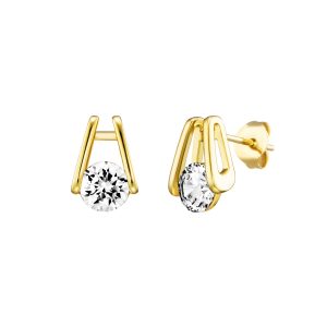 Moderner goldener Ohrstecker mit einem funkelnden weißen Zirkonia, der von einem offenen, geometrischen Design elegant eingefasst wird.