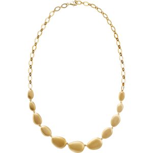 Goldfarbene Halskette mit mattierten, ovalen Schmuckelementen und filigraner Gliederkette in elegantem, modernem Design.