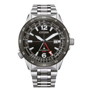 Citizen Automatic GMT mit schwarzem Zifferblatt, silberfarbenem Edelstahlgehäuse und Edelstahlarmband