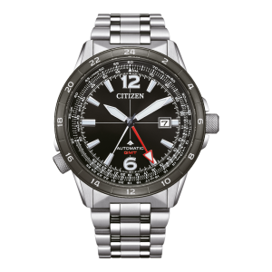 Citizen Automatic GMT mit schwarzem Zifferblatt, silberfarbenem Edelstahlgehäuse und Edelstahlarmband