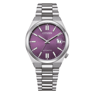Citizen Automatikuhr mit violettem Zifferblatt, Datumsanzeige und silberfarbenem Edelstahlgehäuse mit Edelstahlarmband