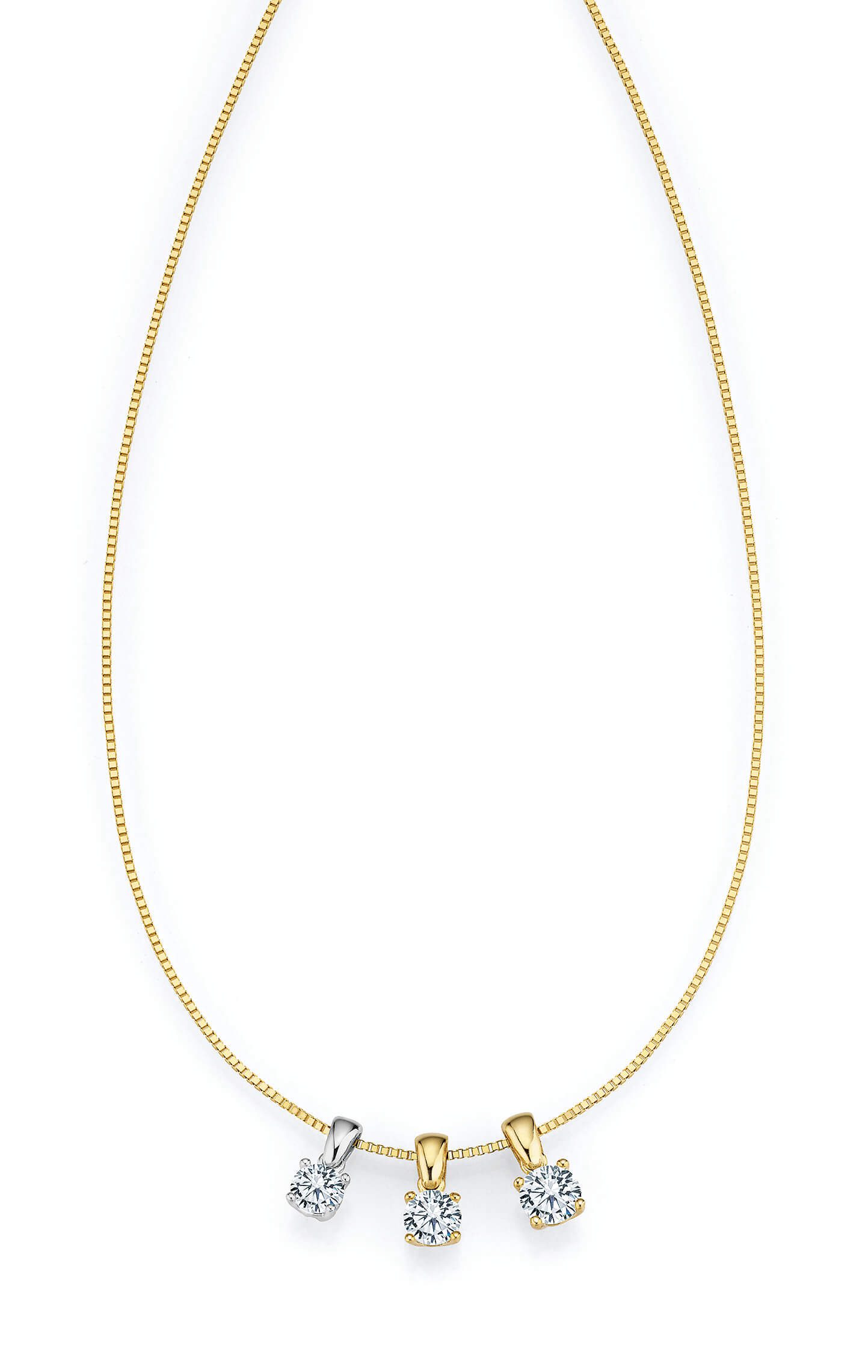 Elegante goldfarbene Halskette mit feiner Venezianerkette und drei austauschbaren Anhängern. Die Anhänger sind jeweils mit einem funkelnden klaren Zirkonia im Brillantschliff besetzt und in Silber- oder Goldoptik erhältlich. Ein vielseitiges Schmuckstück, das sich individuell kombinieren und an verschiedene Looks anpassen lässt.