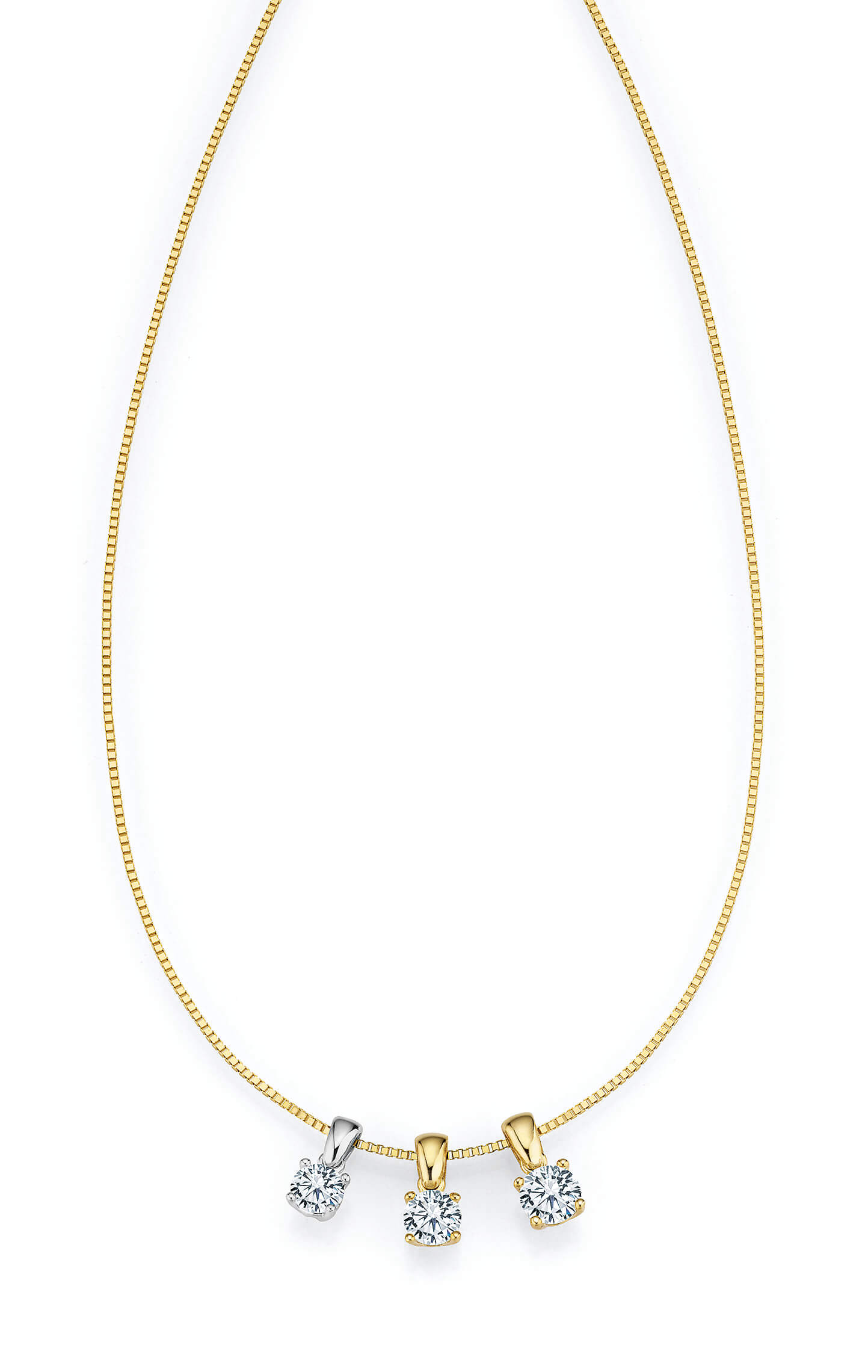 Elegante goldfarbene Halskette mit feiner Venezianerkette und drei austauschbaren Anhängern. Die Anhänger sind jeweils mit einem funkelnden klaren Zirkonia im Brillantschliff besetzt und in Silber- oder Goldoptik erhältlich. Ein vielseitiges Schmuckstück, das sich individuell kombinieren und an verschiedene Looks anpassen lässt.