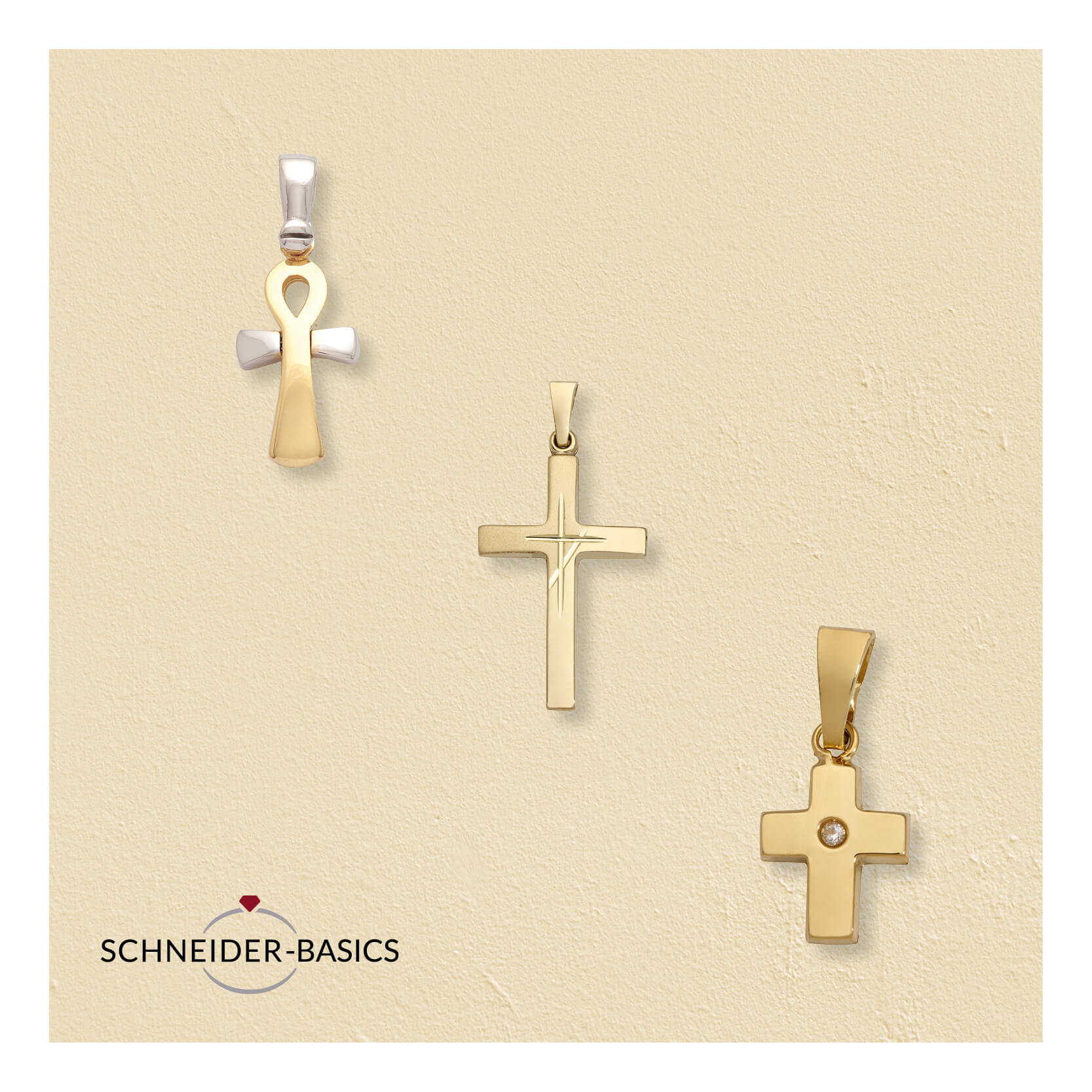 Drei Anhänger mit christlichen Kreuzmotiven in Gold und Bicolor-Ausführung auf hellem Hintergrund mit Schneider-Basics Logo