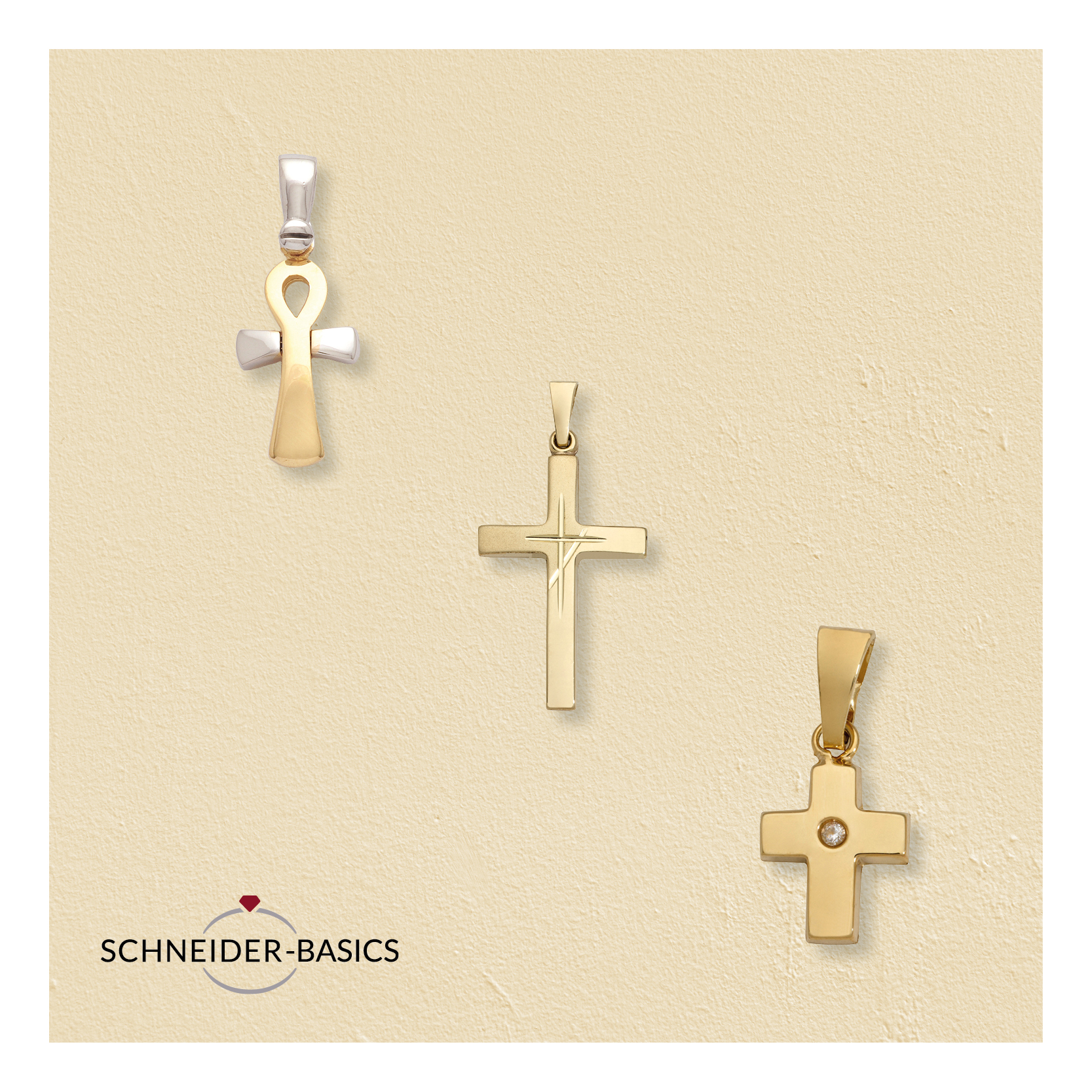 Drei Anhänger mit christlichen Kreuzmotiven in Gold und Bicolor-Ausführung auf hellem Hintergrund mit Schneider-Basics Logo