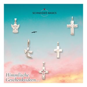 Fünf silberne Anhänger in Form von Engeln und Kreuzen vor Himmelshintergrund mit Schriftzug 'SCHNEIDER-BASICS' und 'Himmlische Geschenkideen'