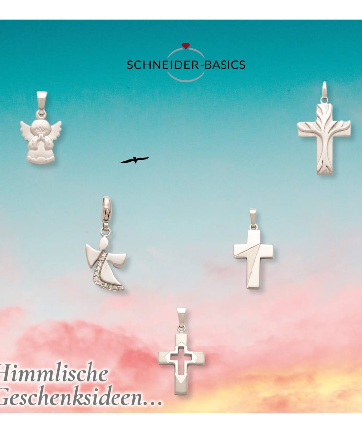 Fünf silberne Anhänger in Form von Engeln und Kreuzen vor Himmelshintergrund mit Schriftzug 'SCHNEIDER-BASICS' und 'Himmlische Geschenkideen'