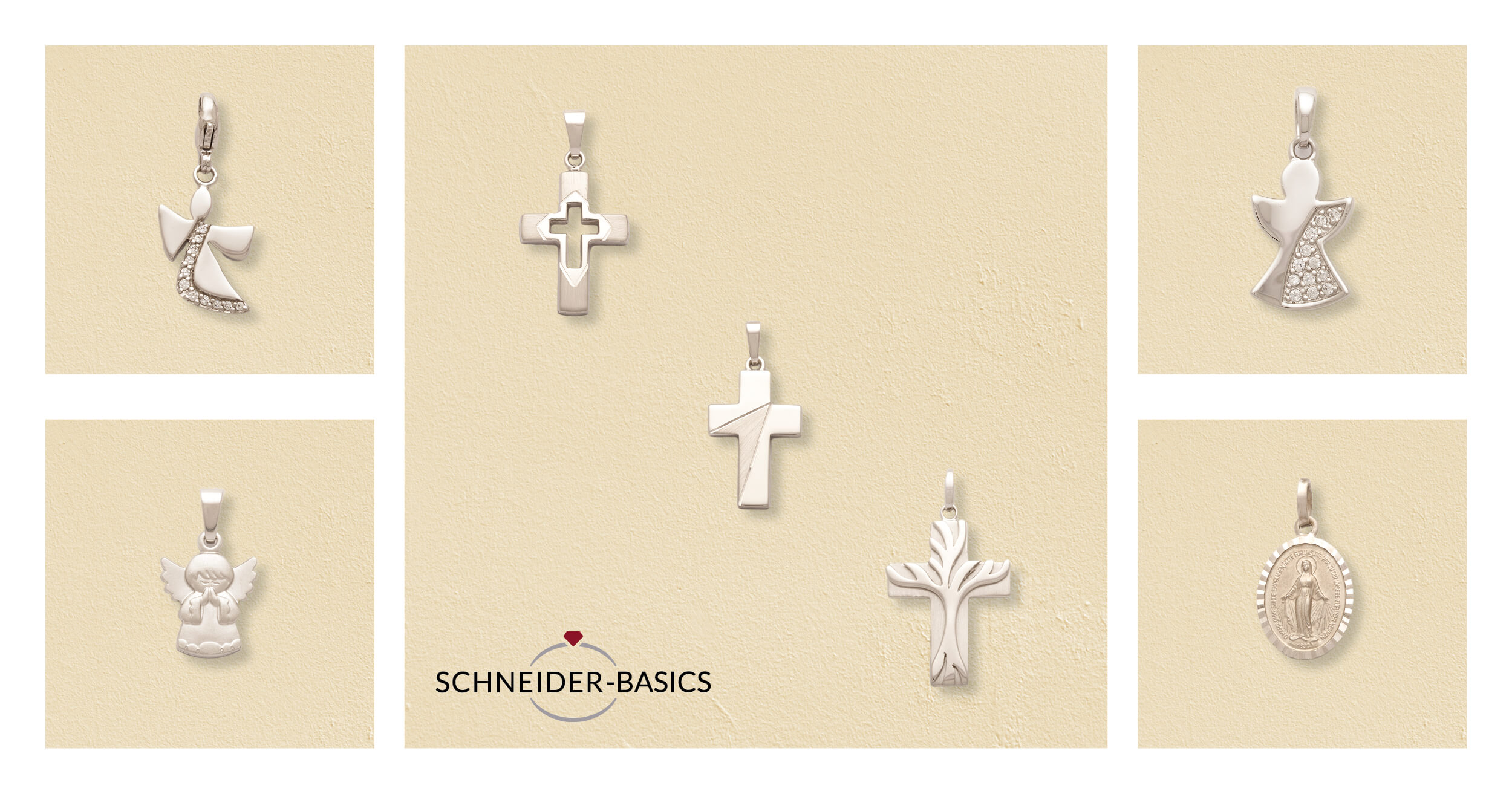 Sieben silberne Anhänger mit christlichen Motiven wie Taube, Kreuz, Engel und Heiligenfigur auf beigem Hintergrund.