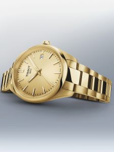 Tissot Herrenuhr mit goldfarbenem Zifferblatt, Datumsanzeige und goldfarbenem Edelstahlgehäuse mit Edelstahlarmband