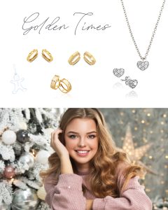 Goldene Ringe und silberne Herz-Ohrringe mit Kette über einem verschwommenen Porträt einer Frau vor weihnachtlich geschmücktem Baum und Lichterdeko